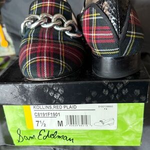 Sam Edelman Red Plaid Loafers with Silver Chain